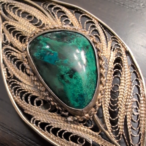 Vtg Israeli sterling silver green eilat stone filigree Leaf Brooch - Picture 3 of 7
